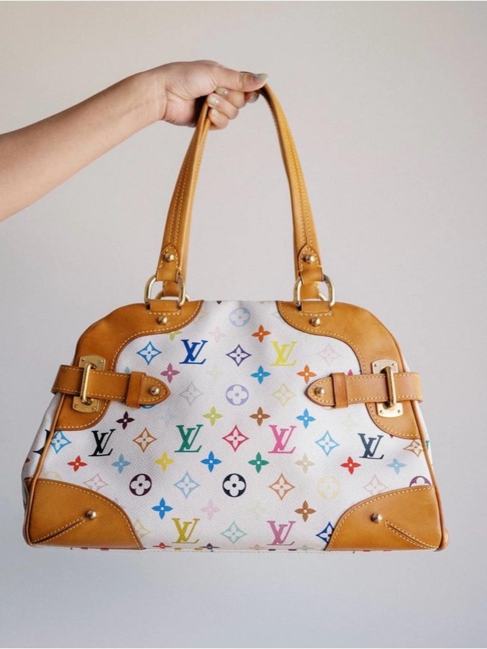 Louis Vuitton White Multicolor Monogram Canvas Shoulder Bag with Tan Leather - Picture 7 of 7